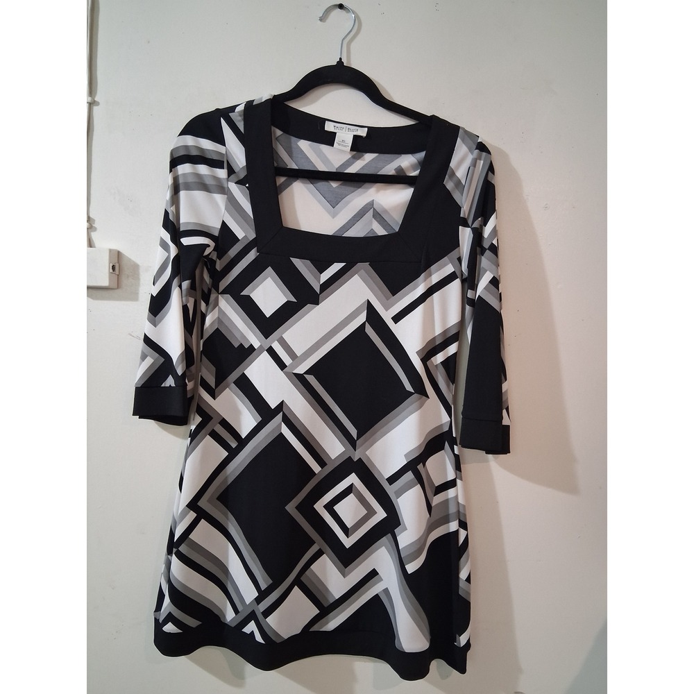 White House Black Market Geometric Diamond Square Neck 3/4 Sleeve Tunic Dress XS